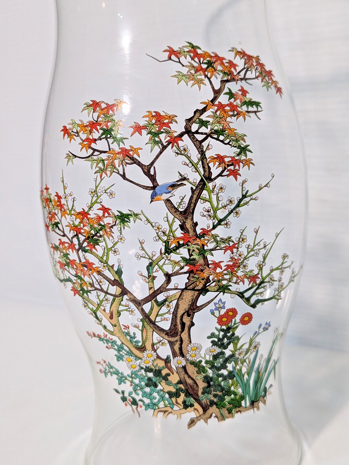 Vintage Hurricane Lamp Glass, Candle Cover, Chimney, Centerpiece, Bird, Foliage