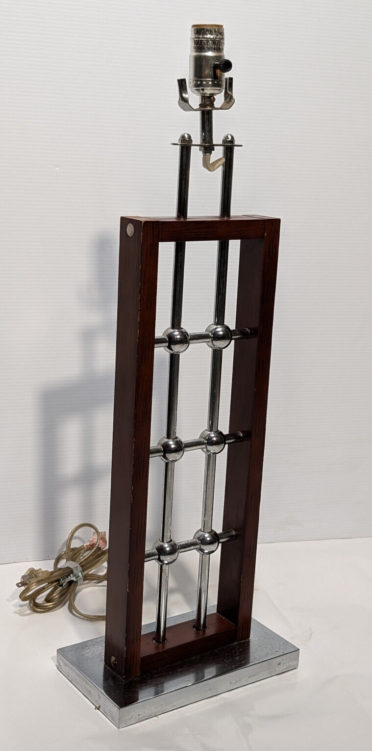 1970's/ 80's Vintage, Brutalism, MCM, Rectangular Table Lamp Wood Chrome Spheres