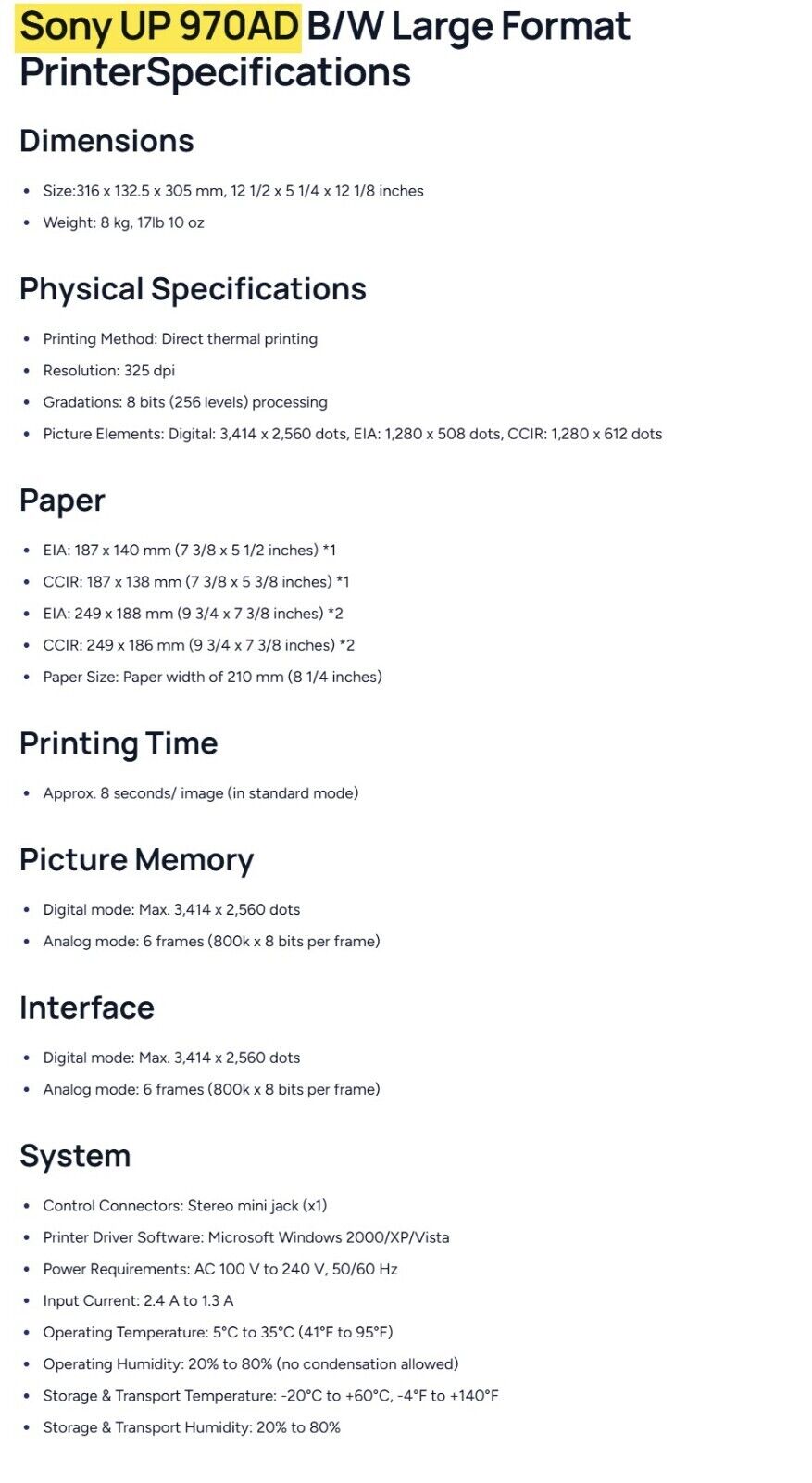 Sony UP-970AD Black & White Large Format Hybrid Graphic Printer - Free Shipping