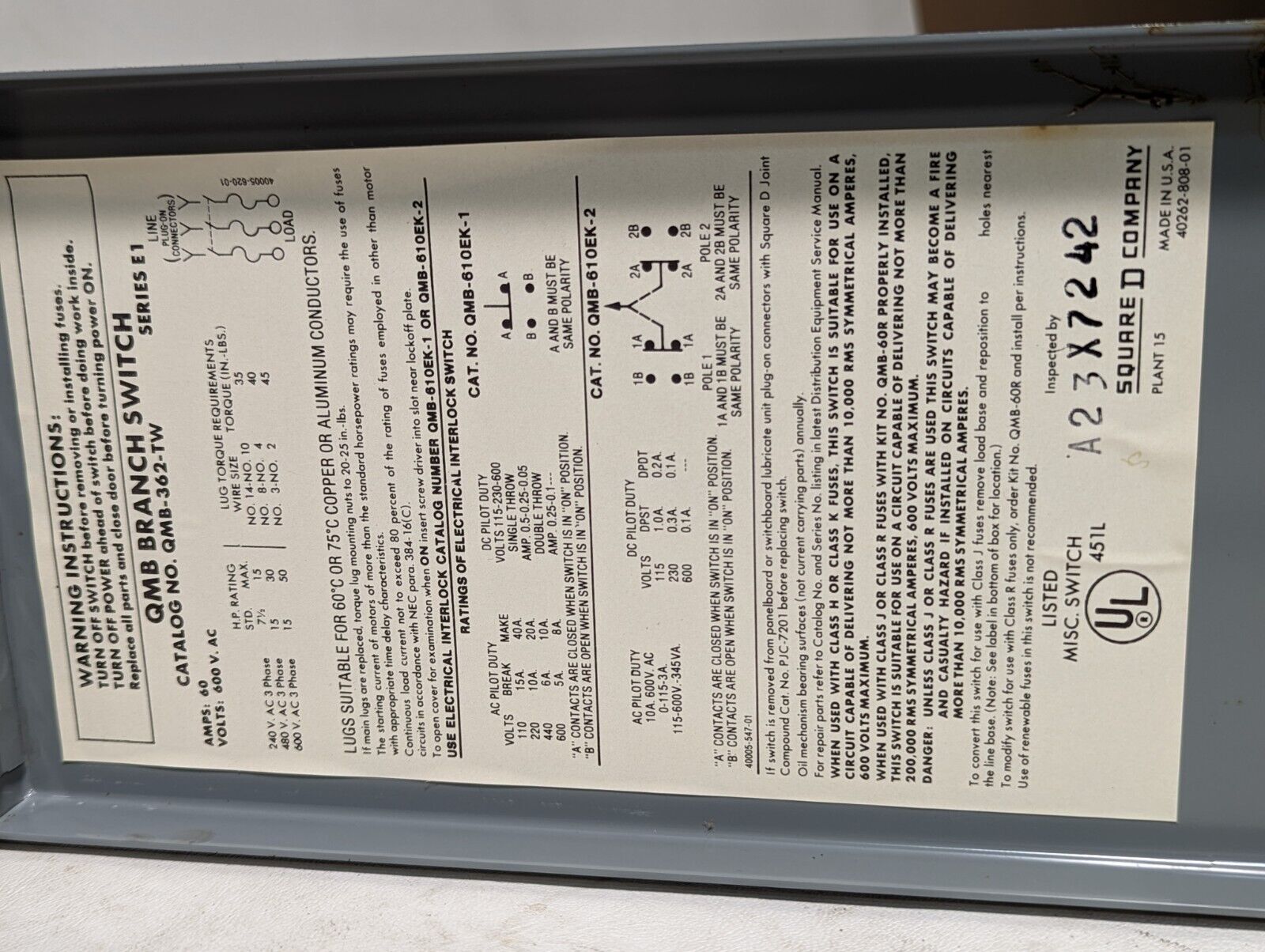 Square D QMB-362-TW QMB fusible panelboard switch, 600VAC, 60A, 15HP, 50HP max