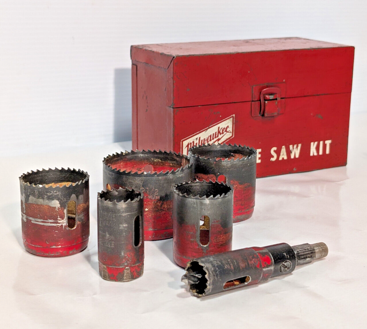 Vintage Milwaukee Hole Saw Kit Circular Dozer Metal Box Components, Made in USA
