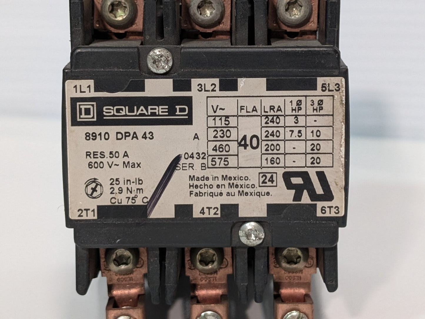 Square D 8910DPA43 Definite Purpose Contactor 50A Res, 40A, 3 Pole, Box Lug Term