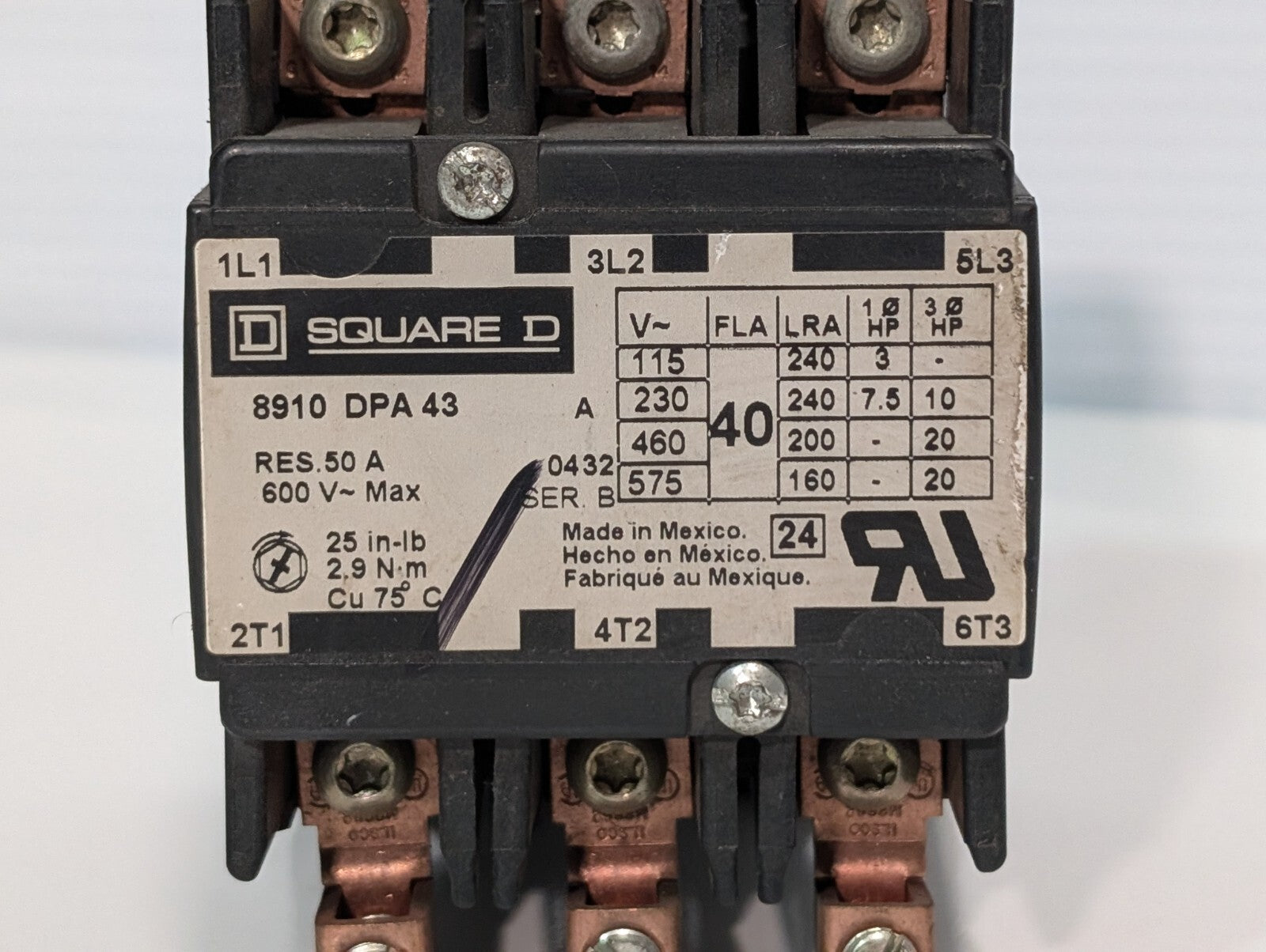 Square D 8910DPA43 Definite Purpose Contactor 50A Res, 40A, 3 Pole, Box Lug Term