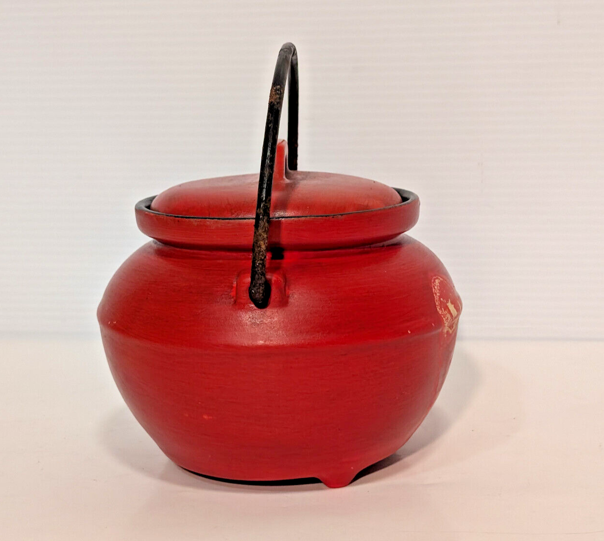 Vintage Mid Century Calif USA 702 Red Bean Pot Jar Black Metal Handle Kettle