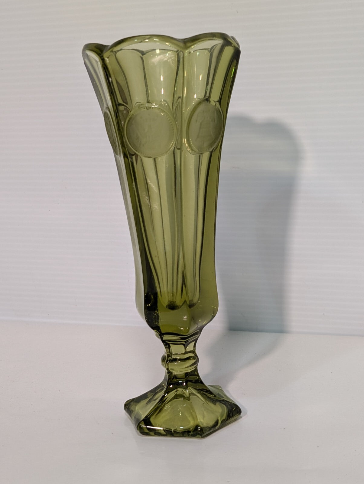 Vintage Fostoria 6-Sided Olive Green Glass American Liberty Coin Bud Vase 8"