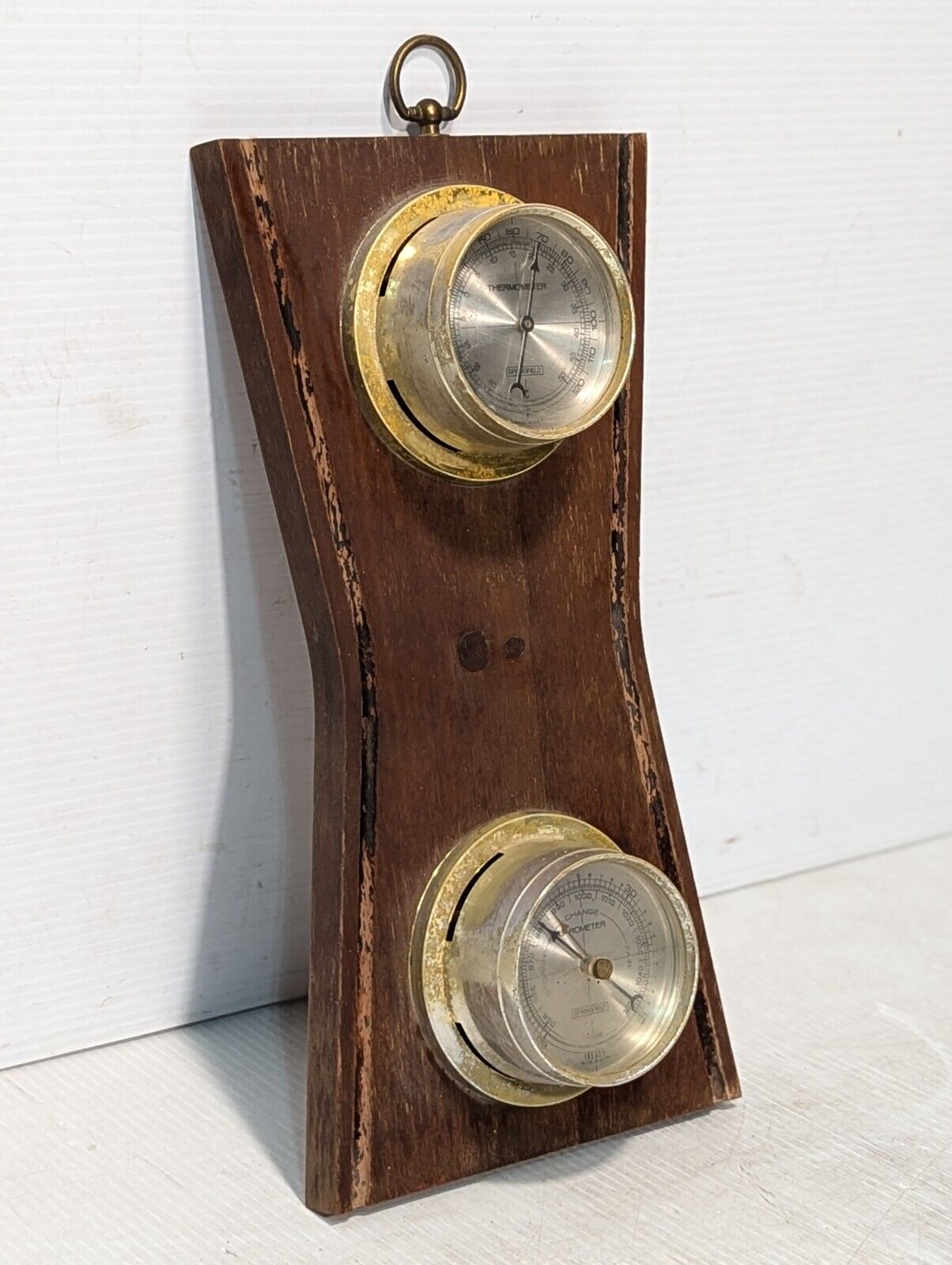 Vintage Springfield Thermometer / Barometer mounted on weathered wood- Free Ship