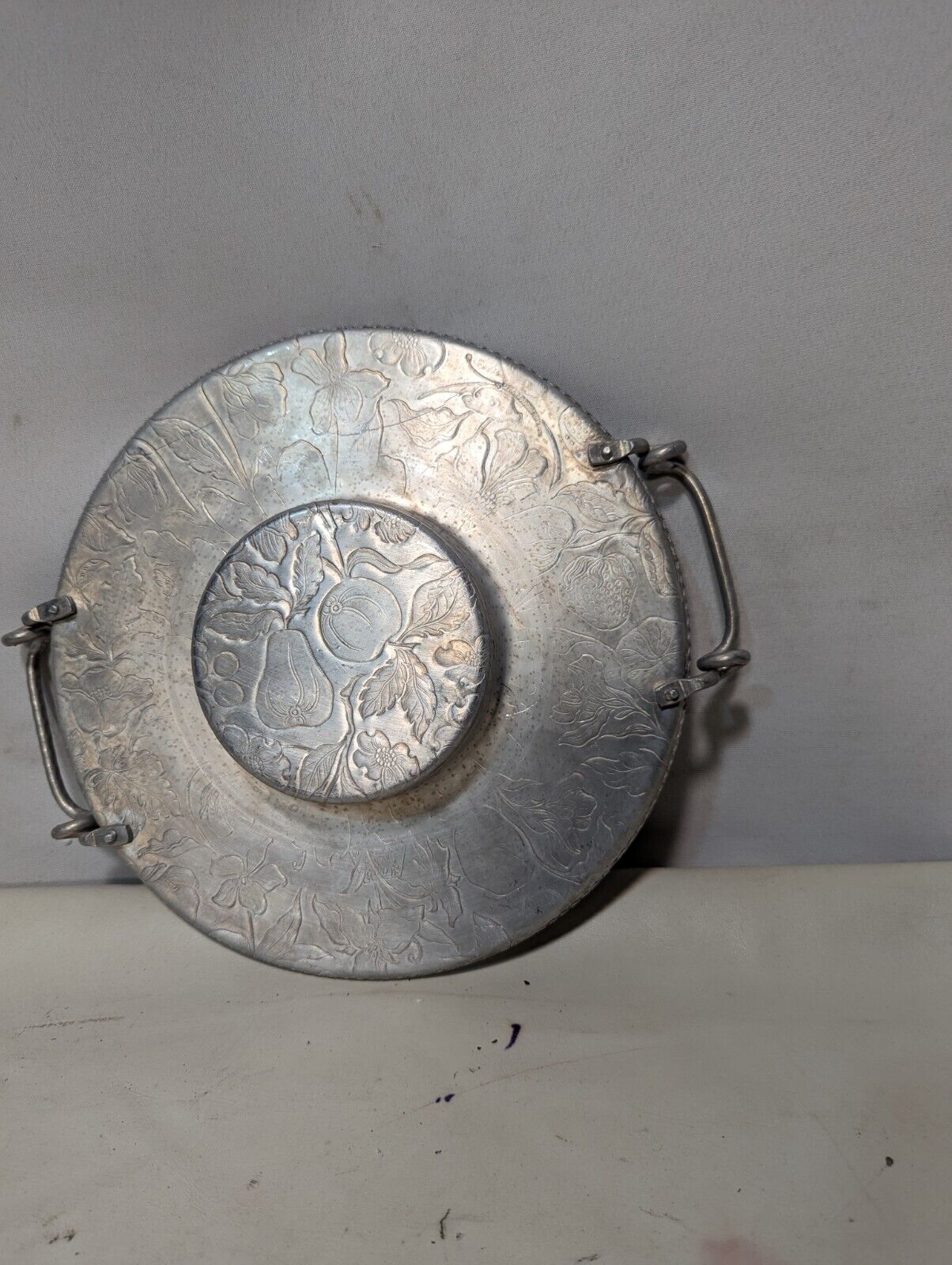 Vintage Aluminum Serving Tray with Handles, Etched w/ Floral Pattern 11.5" dia.