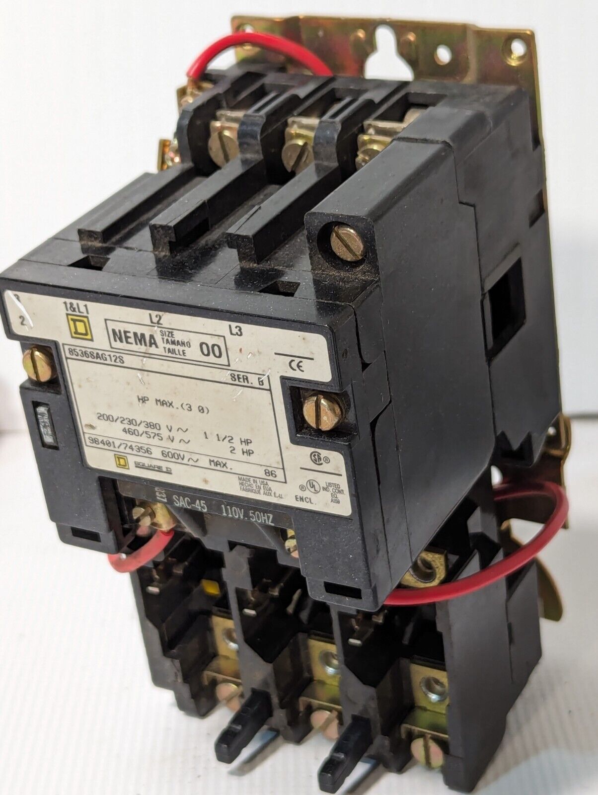 Square D 8536SAG12S Motor Starter, Ser B, NEMA Size 00, 600VAC - Free Shipping