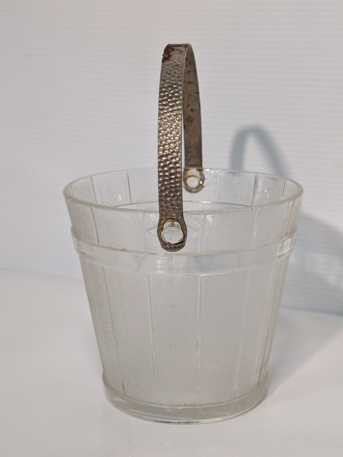 Vintage Mid Century Clear Glass Barrel Ice Bucket Hammered Gold Handle