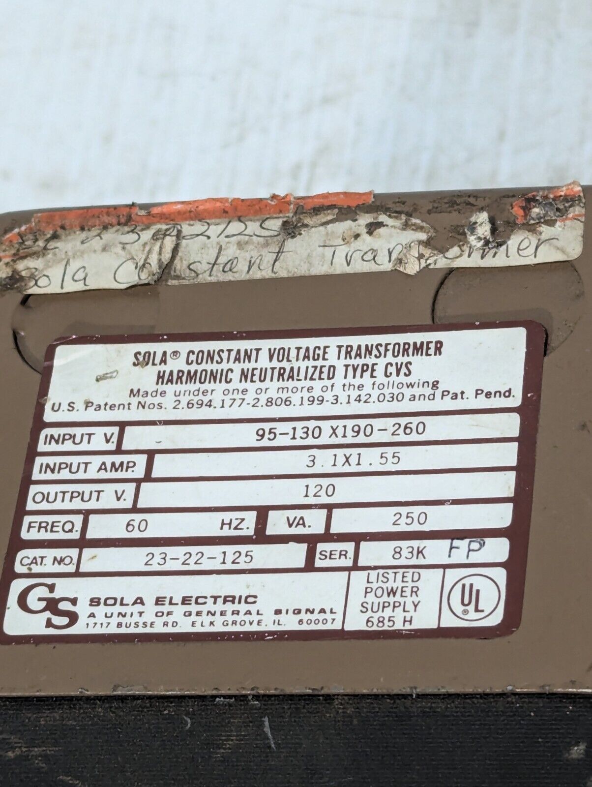 Sola Constant Voltage Transformer Harmonic Neutralized Type CVS No. 23-22-125