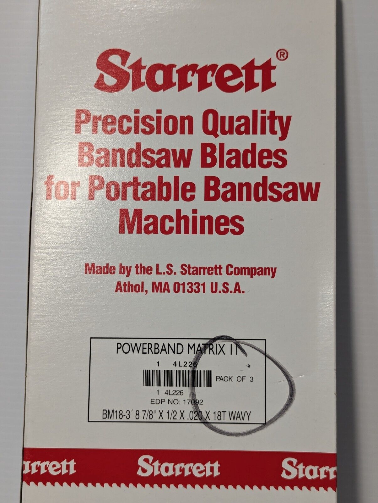 Starrett BM18 Portable Band Saw Blade, 3’ 8-7/8” L, ½” W X 0.02” Thk - 6 Pieces