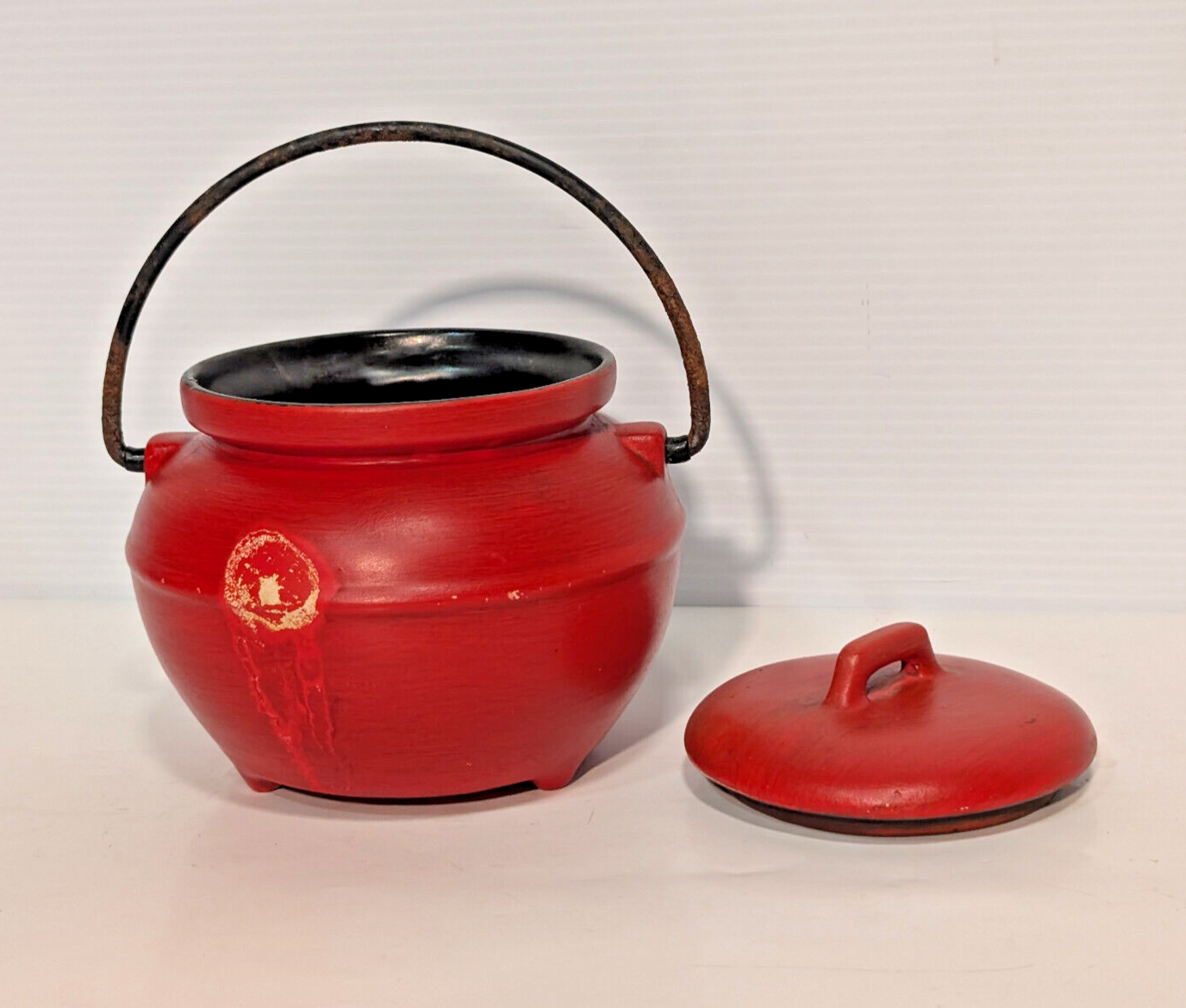 Vintage Mid Century Calif USA 702 Red Bean Pot Jar Black Metal Handle Kettle
