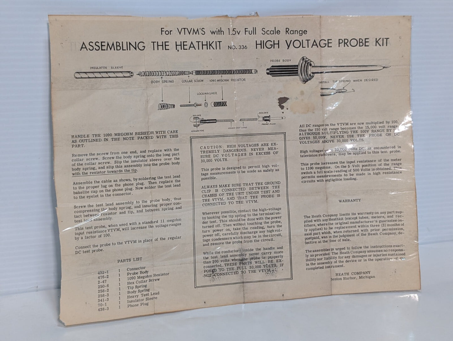 Vintage Heath Heathkit Model No. 336 High Voltage Test Probe with Manual