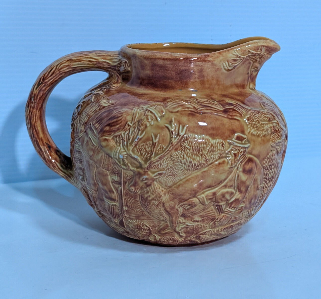 Vintage Brown Glazed Pottery Pitcher Elk, Deer, Buck, Hunters, Forest Wood Scene