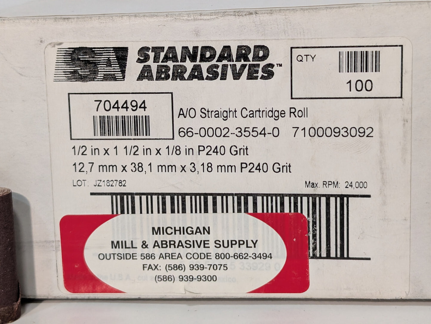 Standard Abrasives #704494 Straight Cartridge Roll P240 Grit, 1/2"x1-1/2"x1/8"