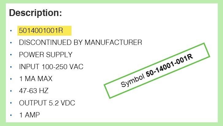 Symbol 50-14001-001R Power Adaptor, 100-250V, 1A Max, 47-63Hz - Free Shipping