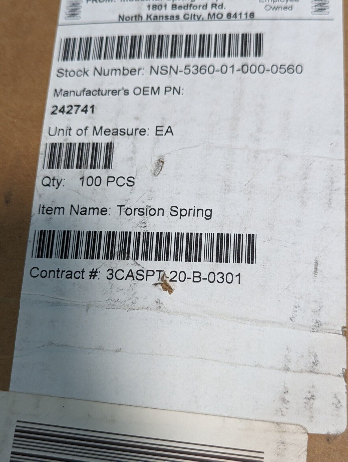 (Box of 100) Clark 242741 Torsion Springs - New - Free Shipping
