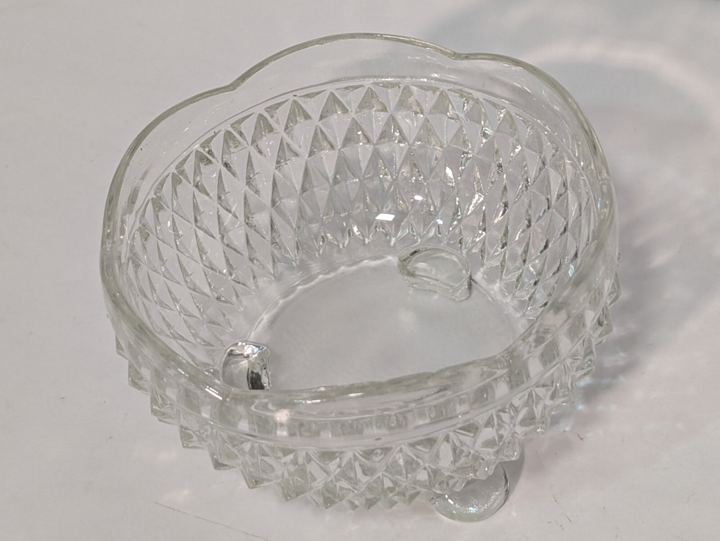 Vintage Indiana Glass Clear Diamond Point 3 Toed Candy Dish 5” x 3”