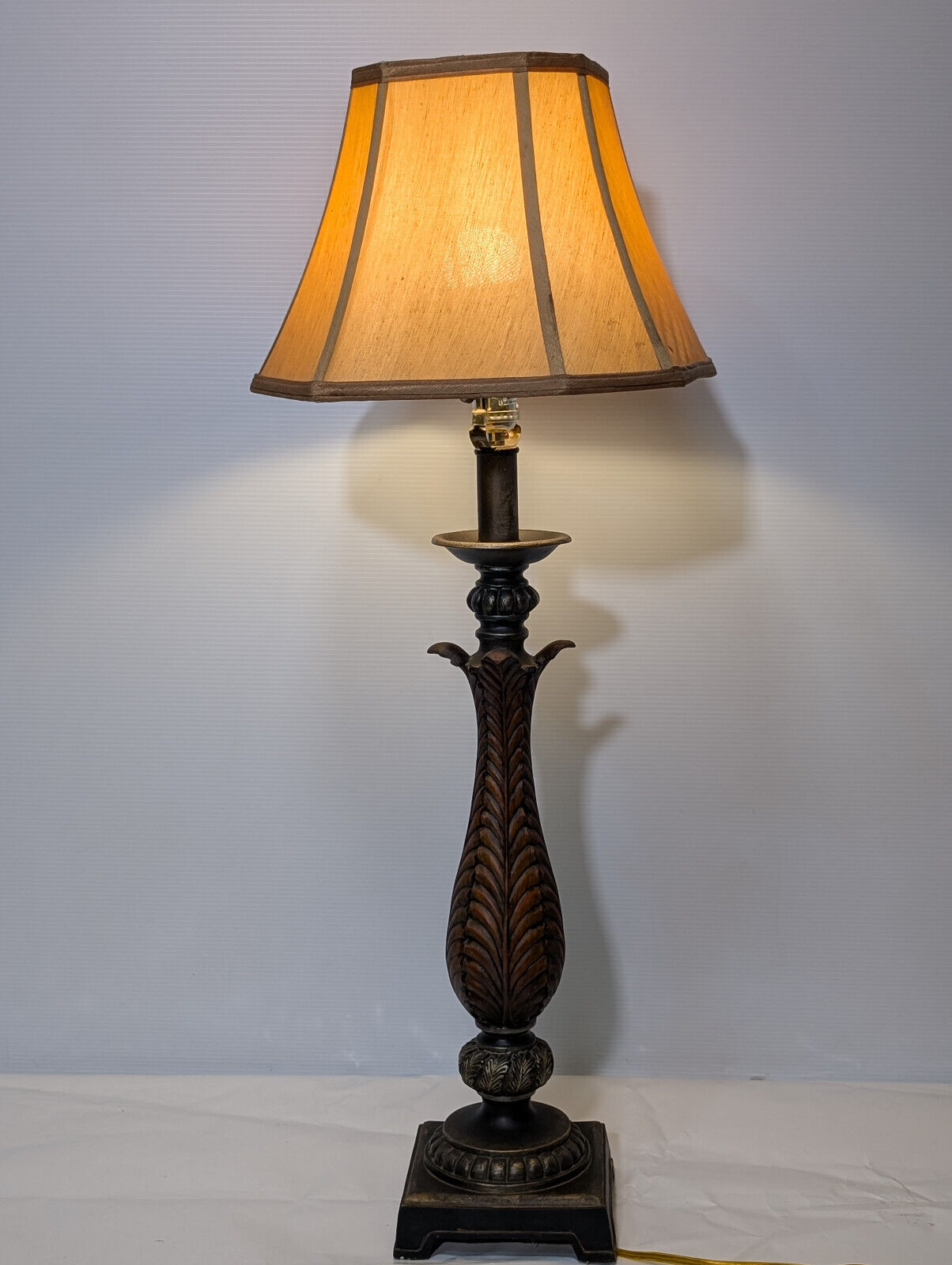 Vintage 1970s Wood, Leaf, Gold, 36" Table Lamp, Teak, Earthy, Eclectic, Nouveau