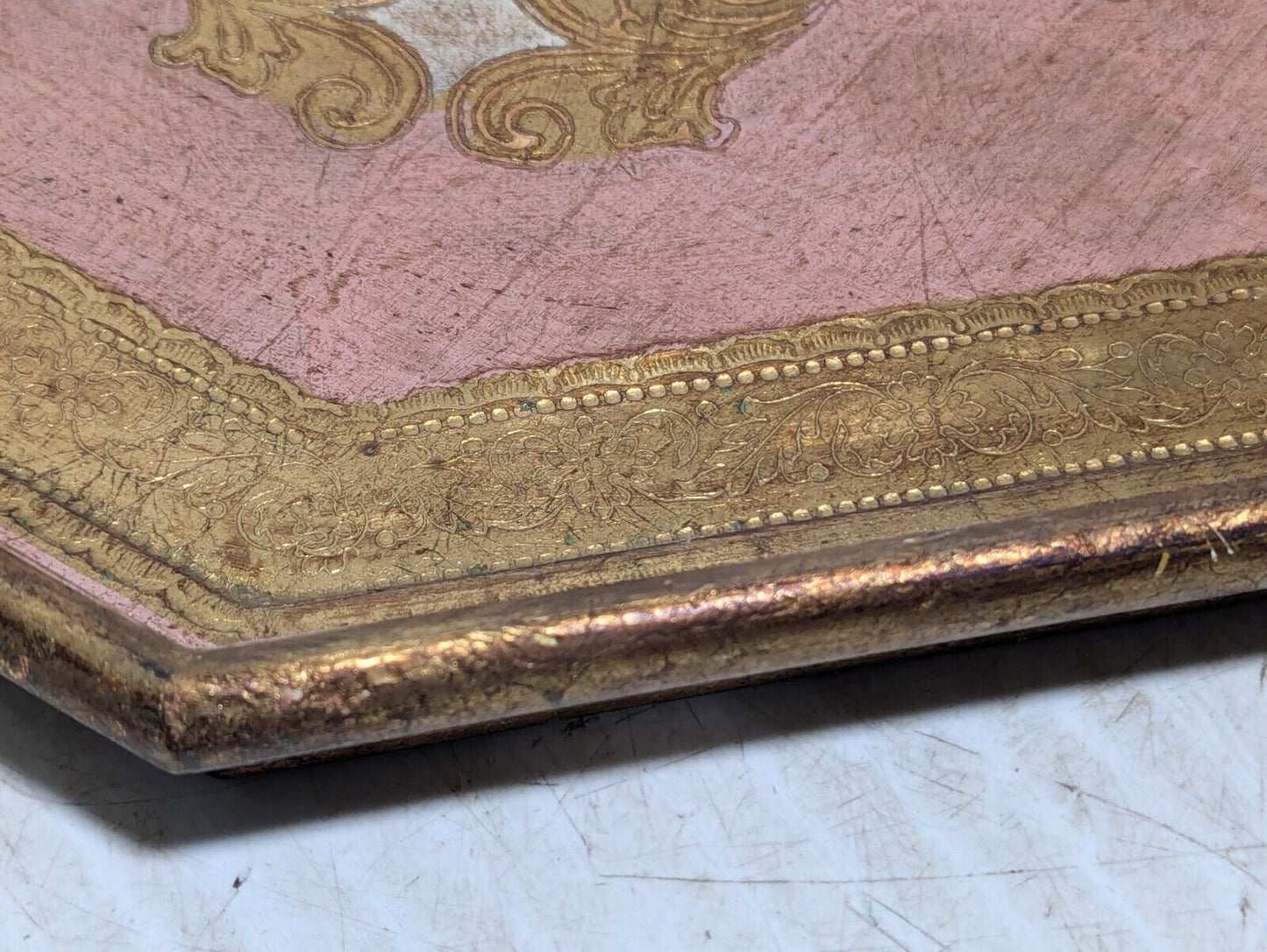Vintage Wooden Octagonal Tray, Intricately etched and hand painted - Free Ship