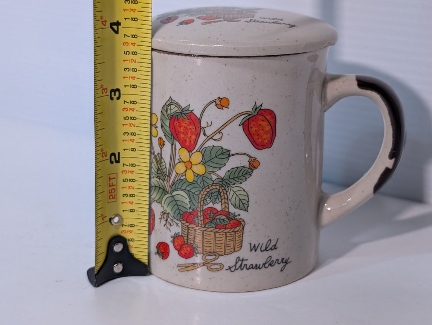 Vintage 1970s Covered, Lid, Coffee, Tea Mug Wild Strawberry, Speckled Stoneware