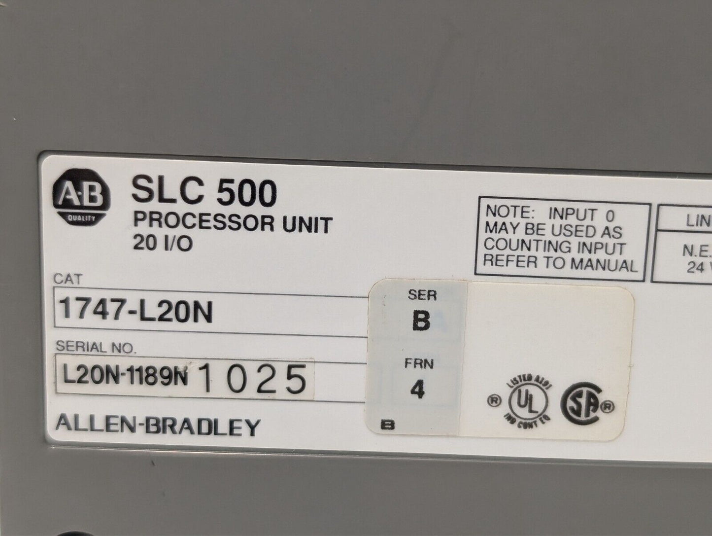 Allen Bradley 1747-L20N Slc 500 Processor Unit 20 I/O 1747L20N-Free Ship+Return
