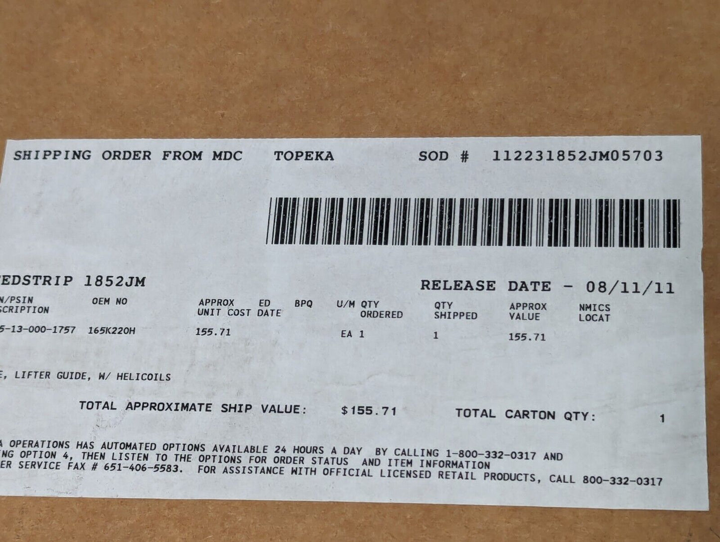 *Read* 3915-13-000-1757 165K220H Lifter Guide Plate w/Helicoils - Free Shipping