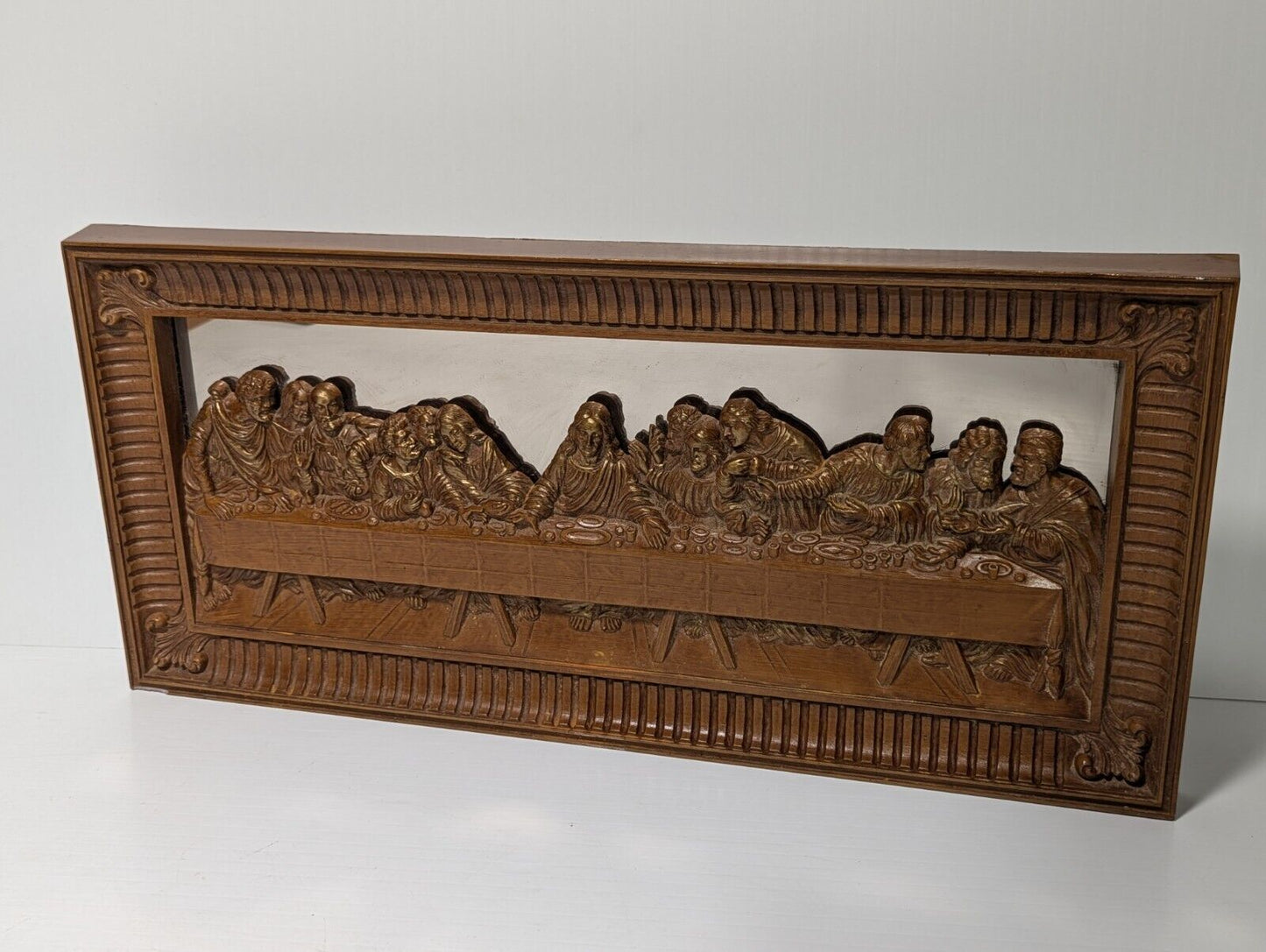 Vintage The Last Supper Mirrored Wood Carving Wall Piece 22" x 10"
