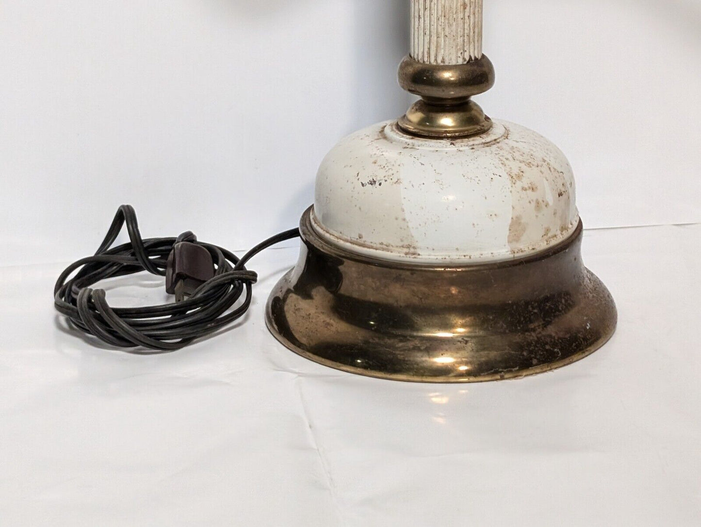 Unique Vintage Brass and White Table Lamp with Offset Swivel Light Bulb Socket
