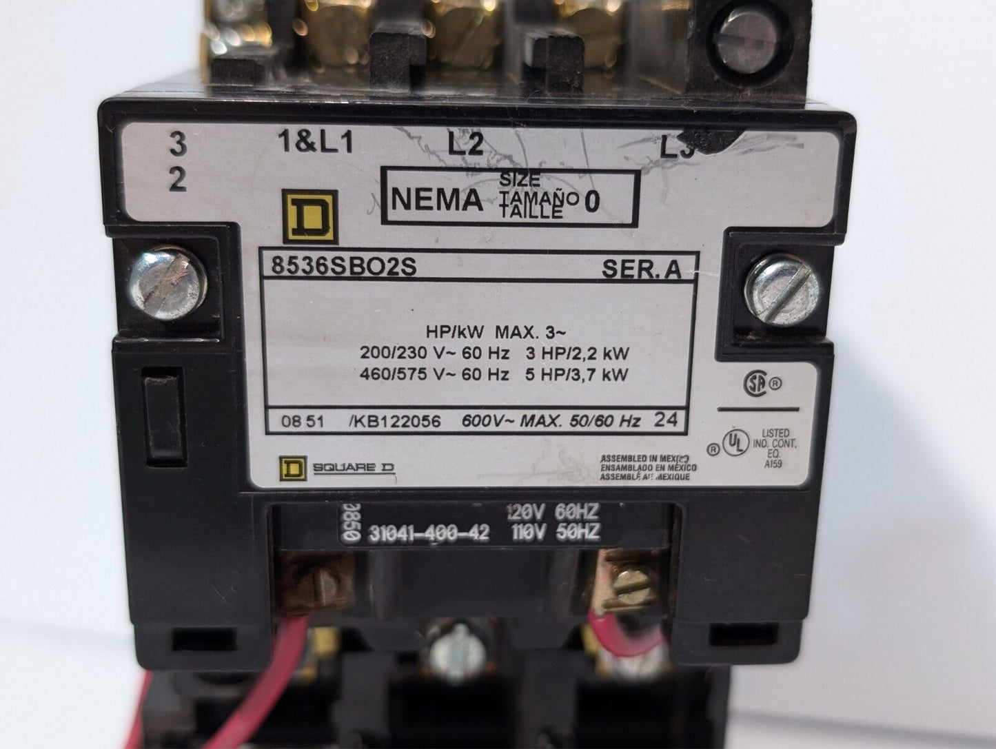 Square D 8536SBO2S motor starter, NEMA sz 0, 110/120VAC coil as pictured