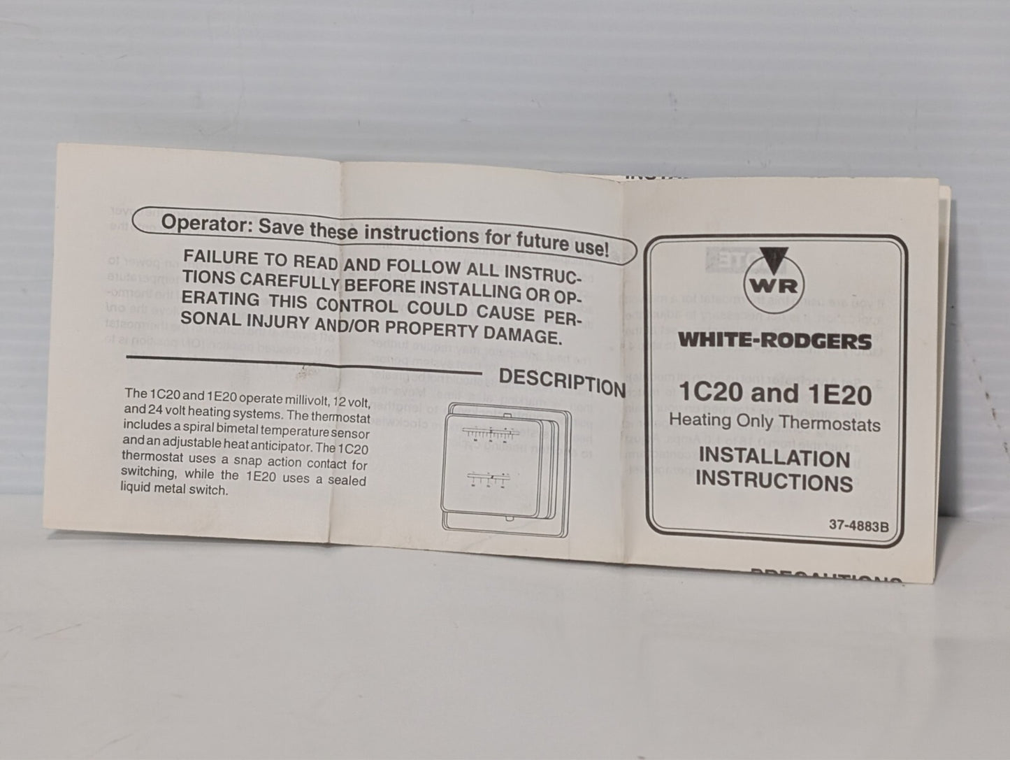 White Rodgers 1C20-1, Heating Thermostat, Low Voltage Snap Action, Model 7202
