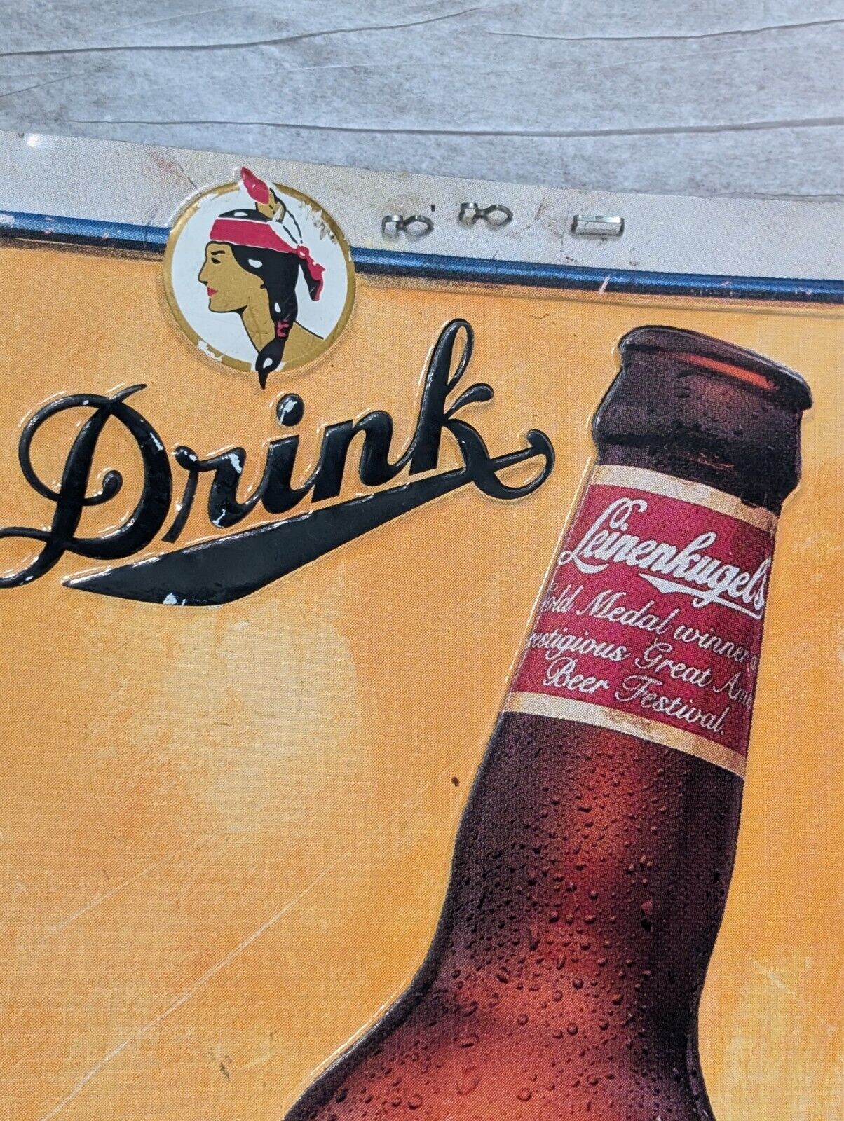 Vintage Leinenkugel Beer Indian Maiden Aluminum Sign 18" x 9" Leinenkugel's