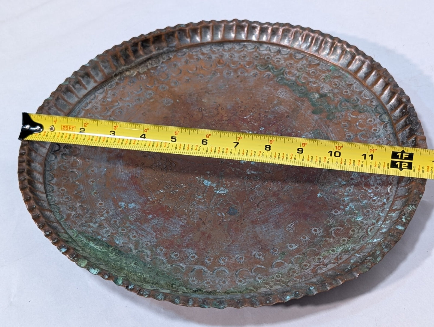 Vintage Hammered + Etched Copper Tray, Possibly Persian or Syrian, 13" Diameter