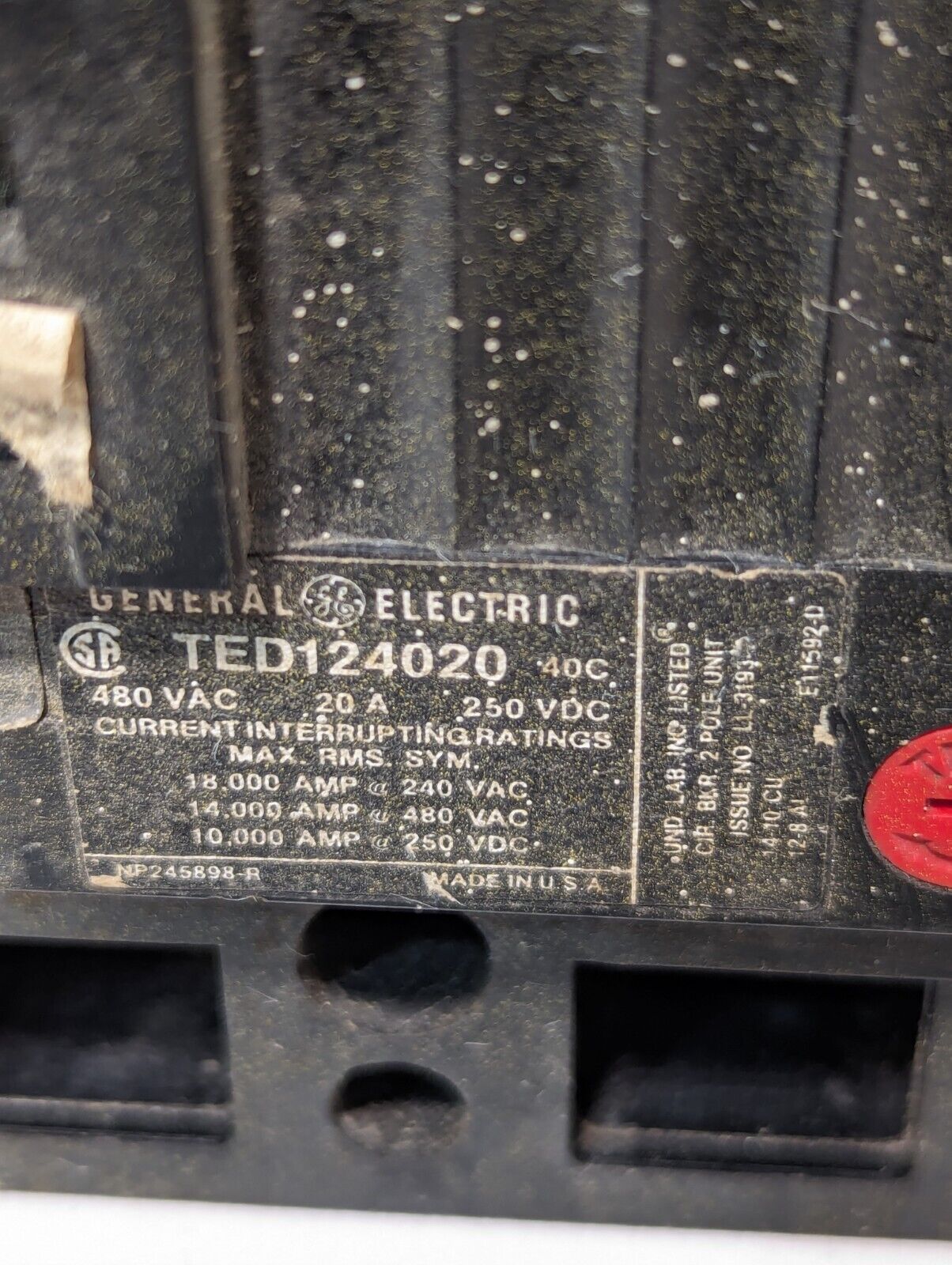GE TED124020 Molded Case Industrial Circuit Breaker, 20A, 480VAC, 2-Pole