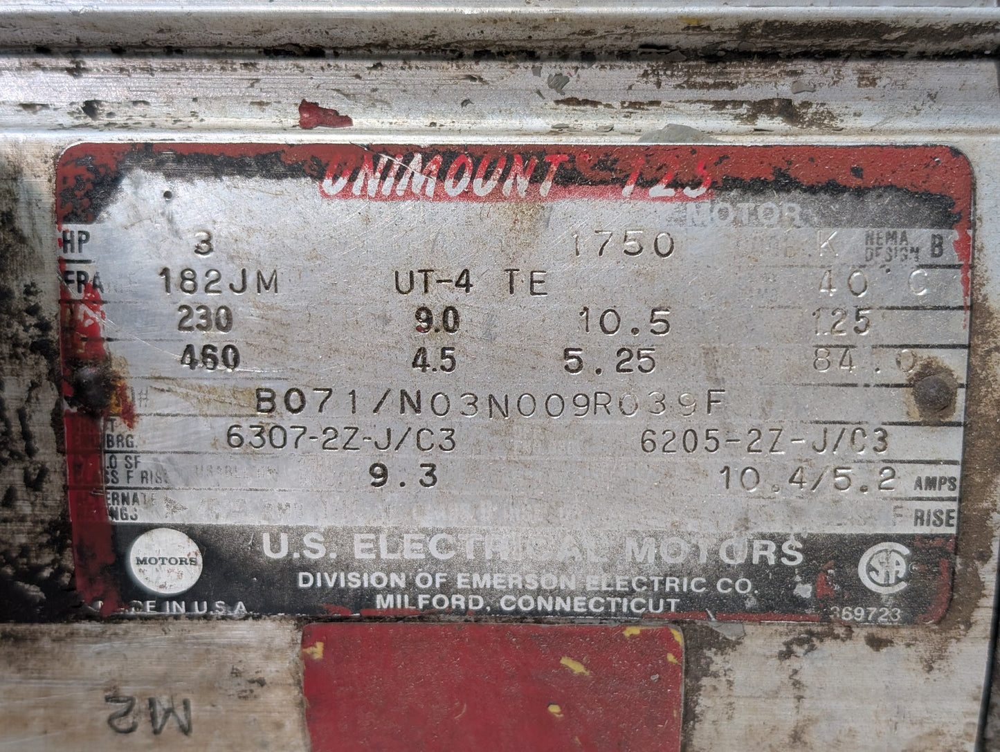 U.S. Electrical Motors Unimount 125 B071/N03N009R039F, 3HP, UT-4 TE, 182JM Frame