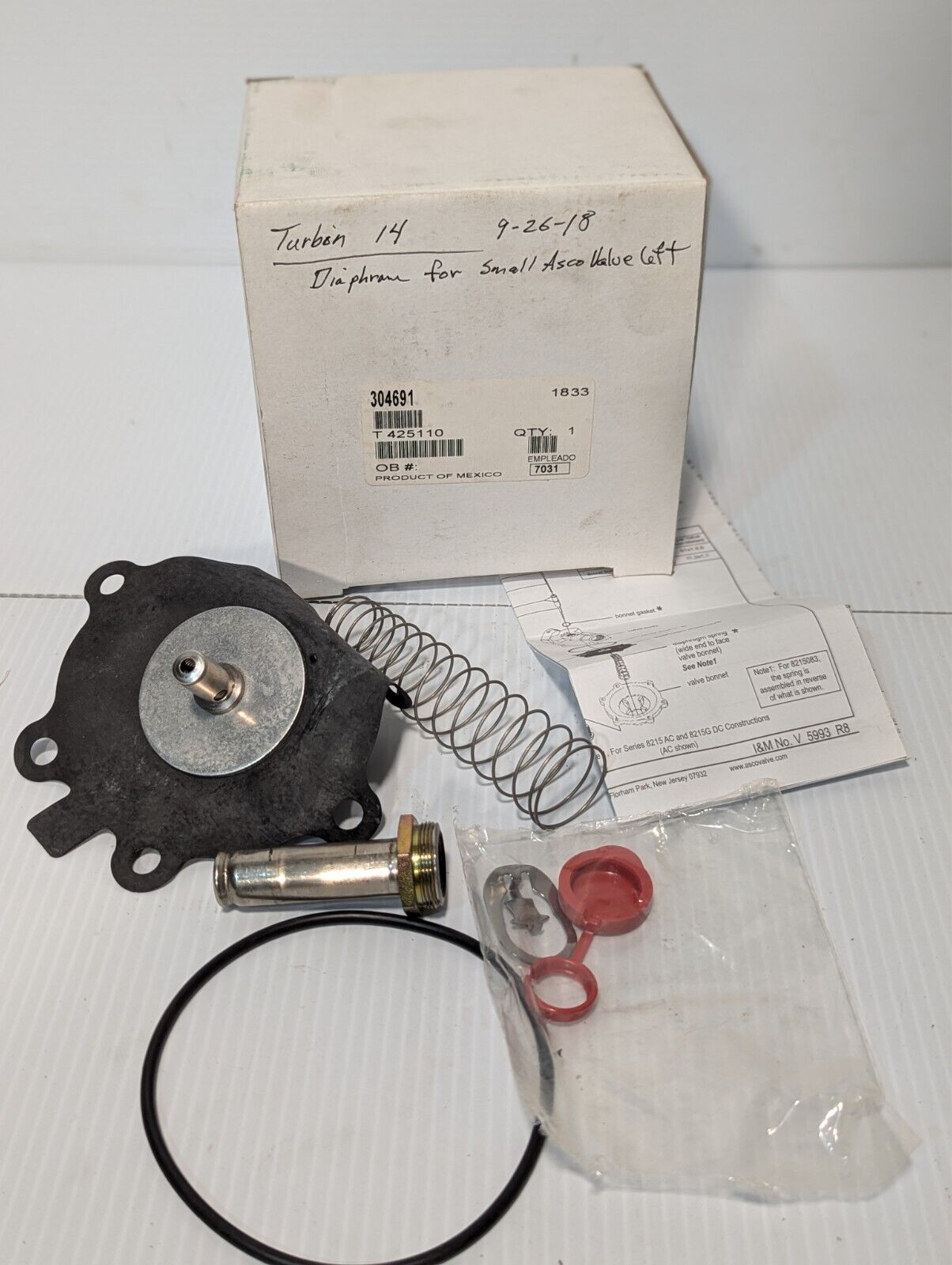 Incomplete ASCO 304691 valve rebuild kit, diaphragm, Grainger 4ELR6 as pictured