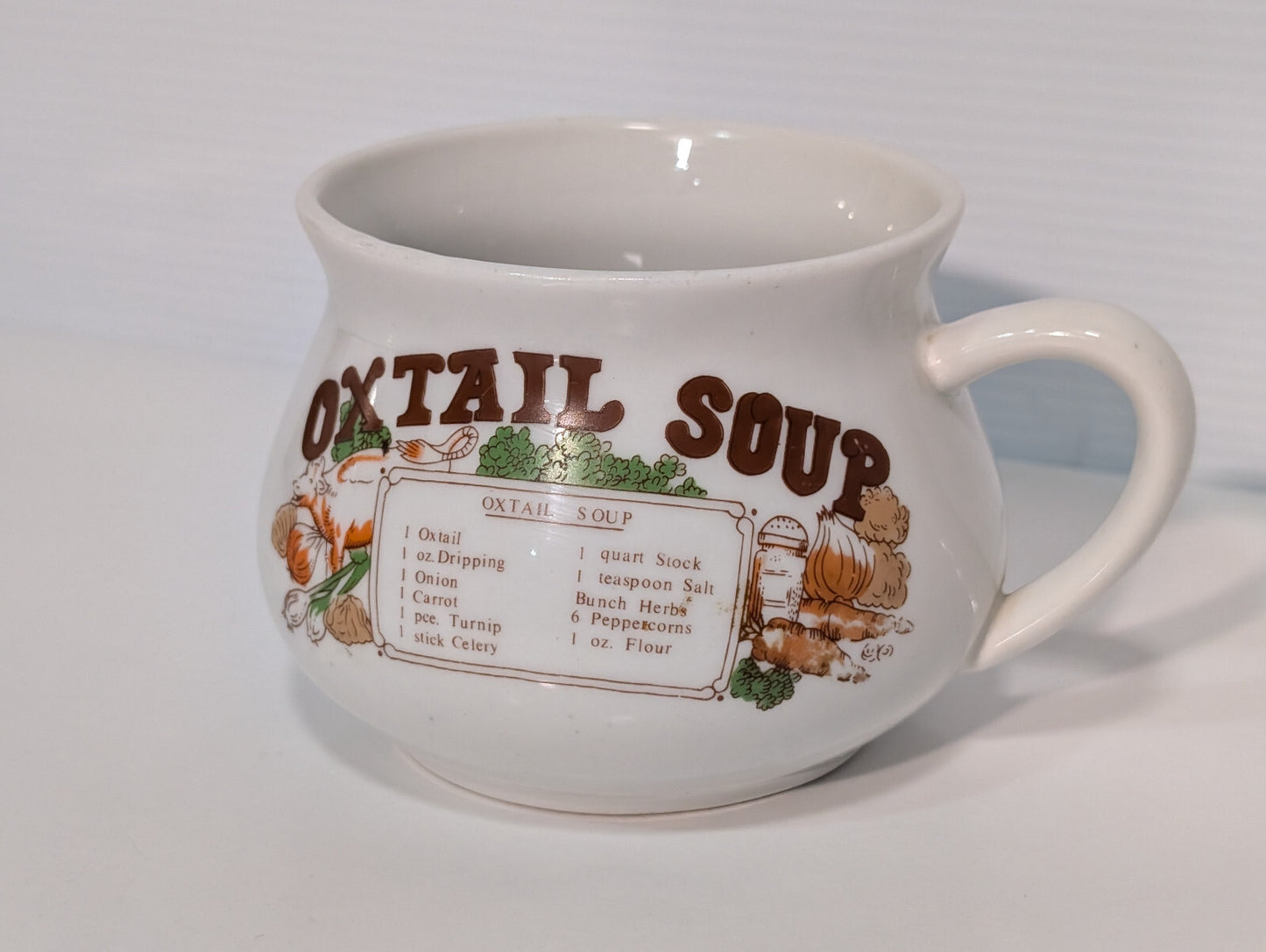 Vintage 1970s Oxtail Soup Bowl Recipe Ingredients Handled Ceramic Stonewear Mug