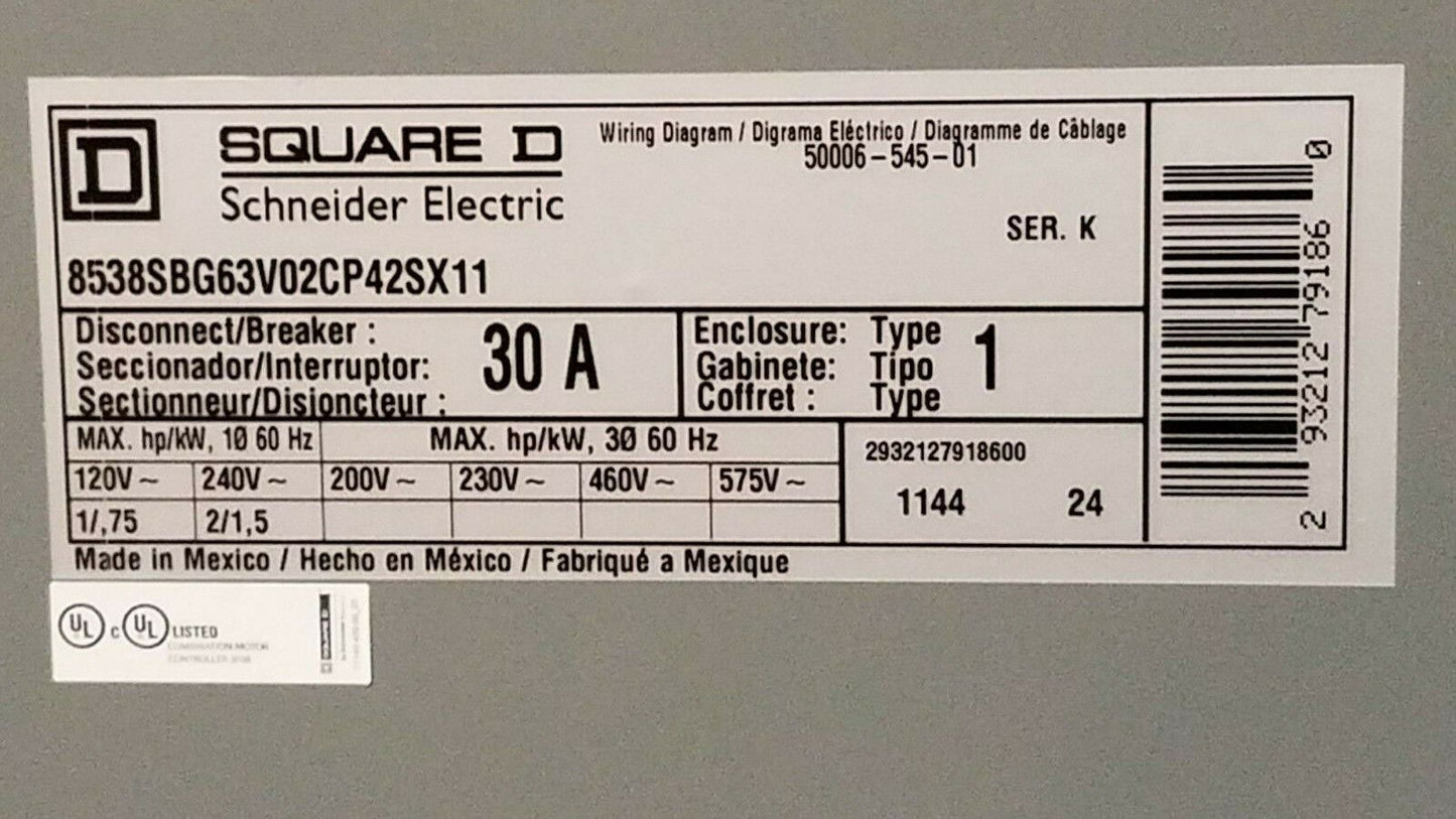 Square D 8538SBG63V02CP42SX11, with 9422FTCF30 disconnect switch, 30A, type 1