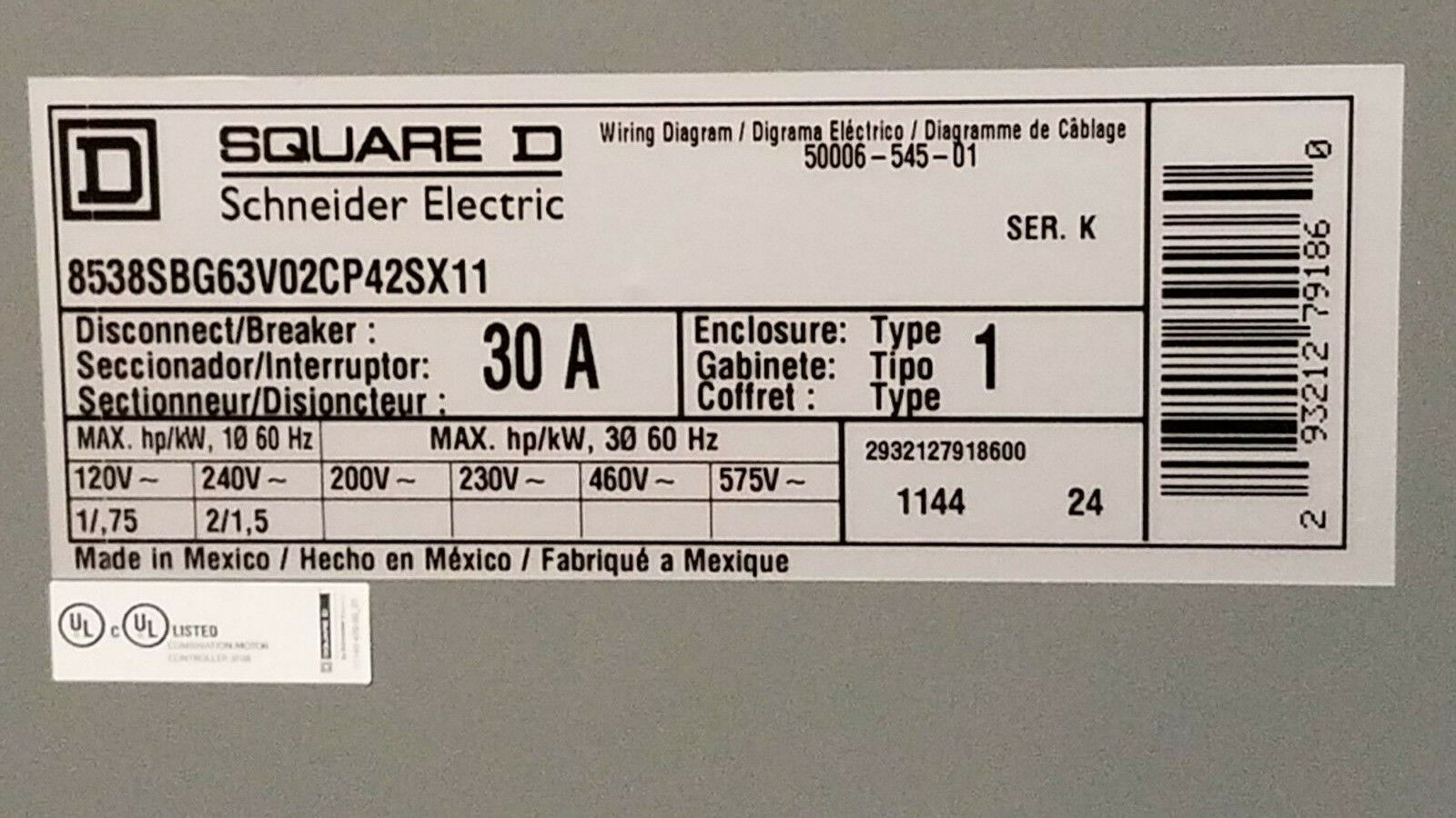 Square D 8538SBG63V02CP42SX11, with 9422FTCF30 disconnect switch, 30A, type 1