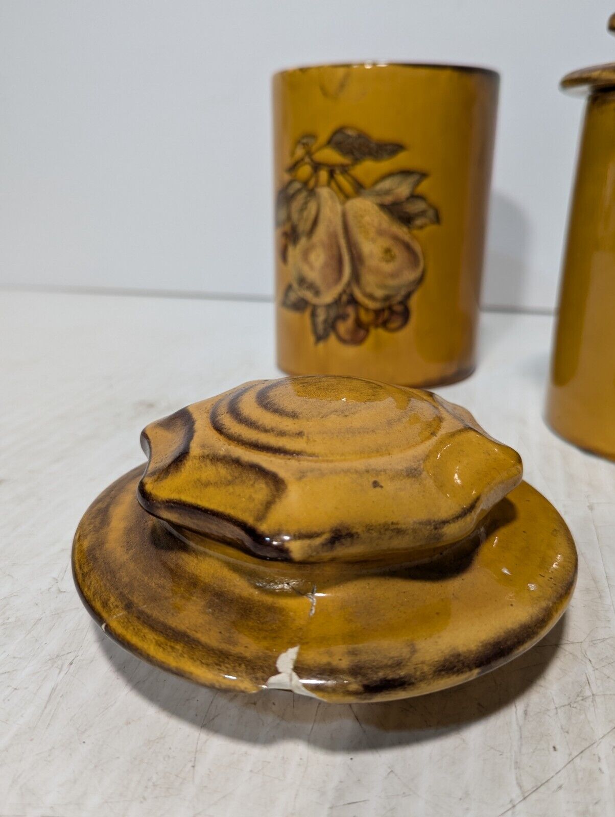 Vintage 60s Canister Set of 3, Vineyard Fall Design, Kitchen Deco -Free Shipping