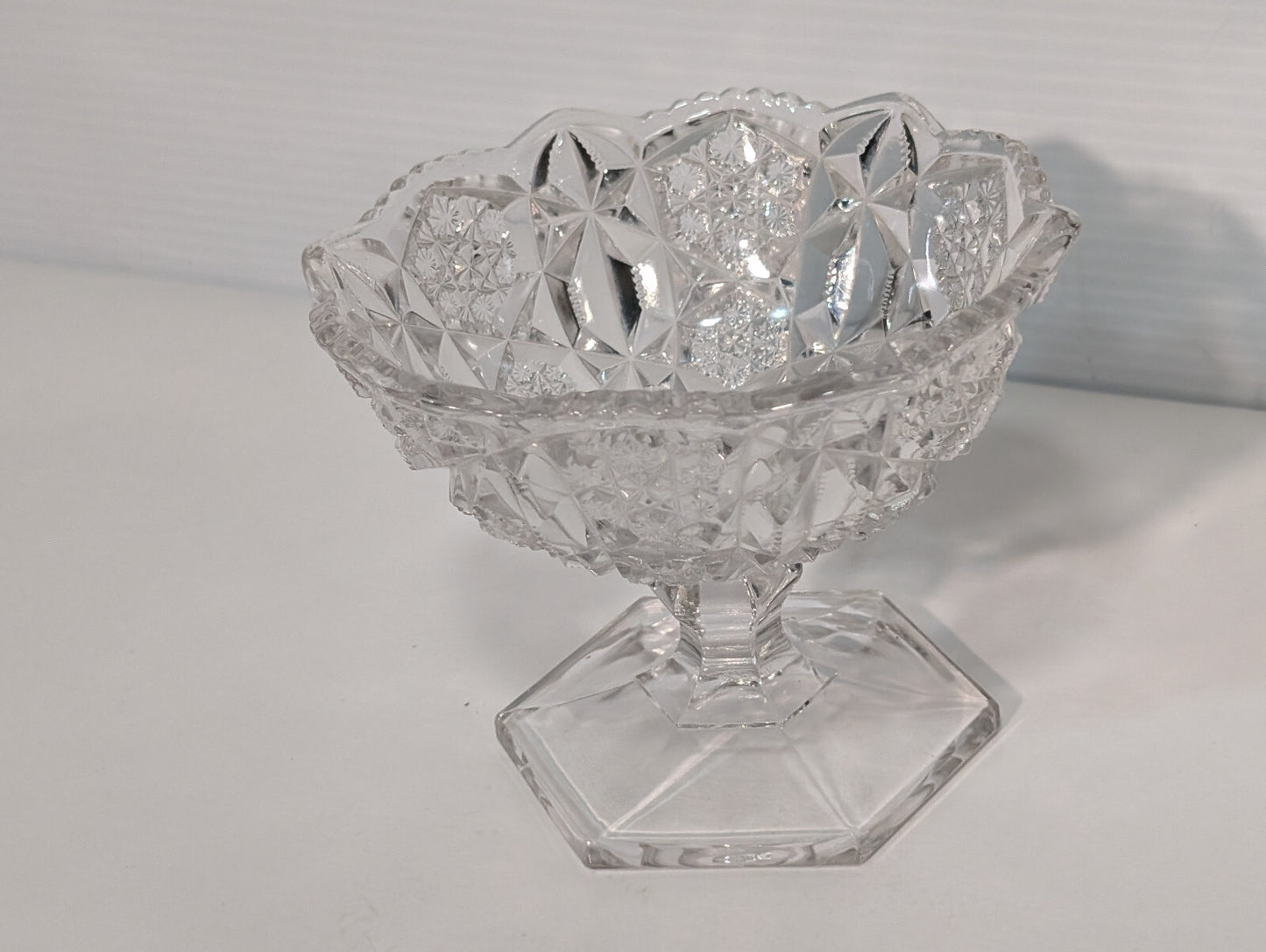 Vintage Clear Glass Crystal Candy Dish Snowflake Pattern Hexagon Pedestal Base