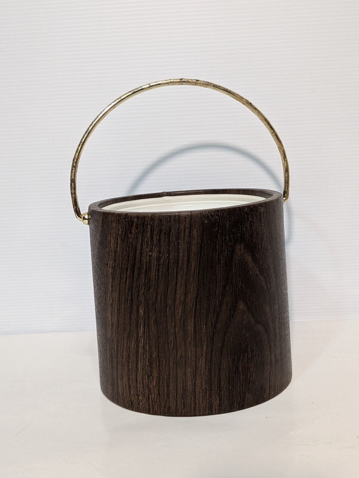 Vintage 1970s Party Ice Bucket Vinyl Faux Wood Grain Gold Handle, No Lid