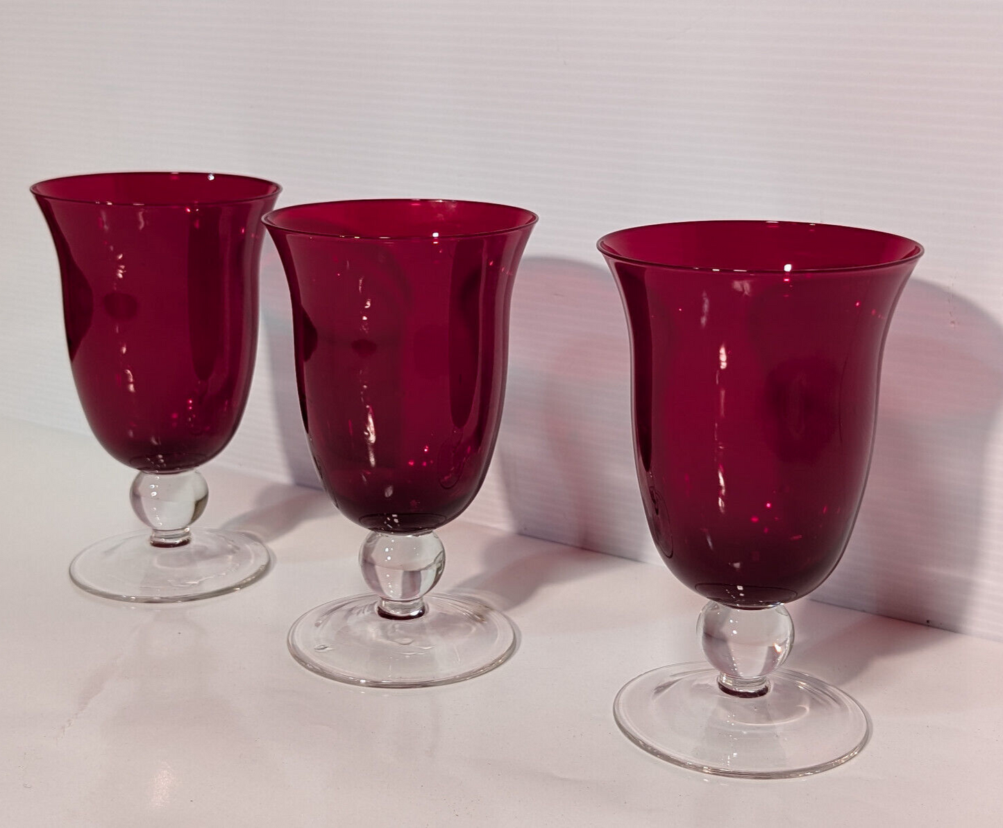3 Vintage Ruby Red Goblets Fluted Clear Stem Tumblers Holiday Retro Celebration