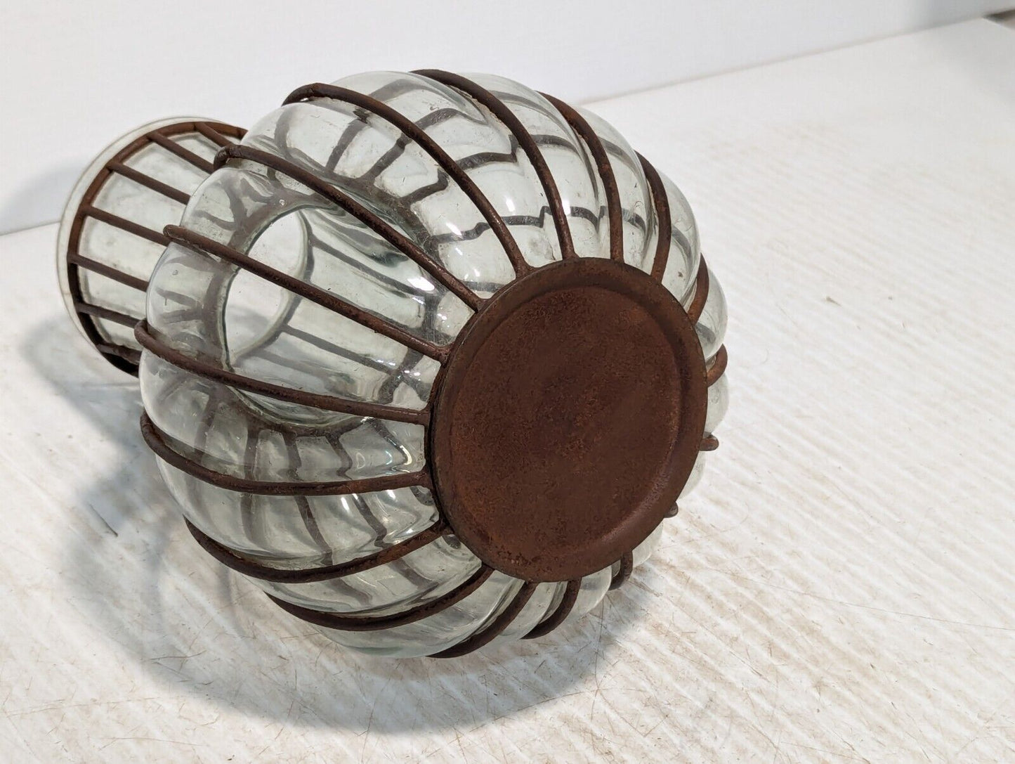 Set of 3 Rare Vintage Brutalist, Metal Caged Blown Glass Vases - Free Shipping