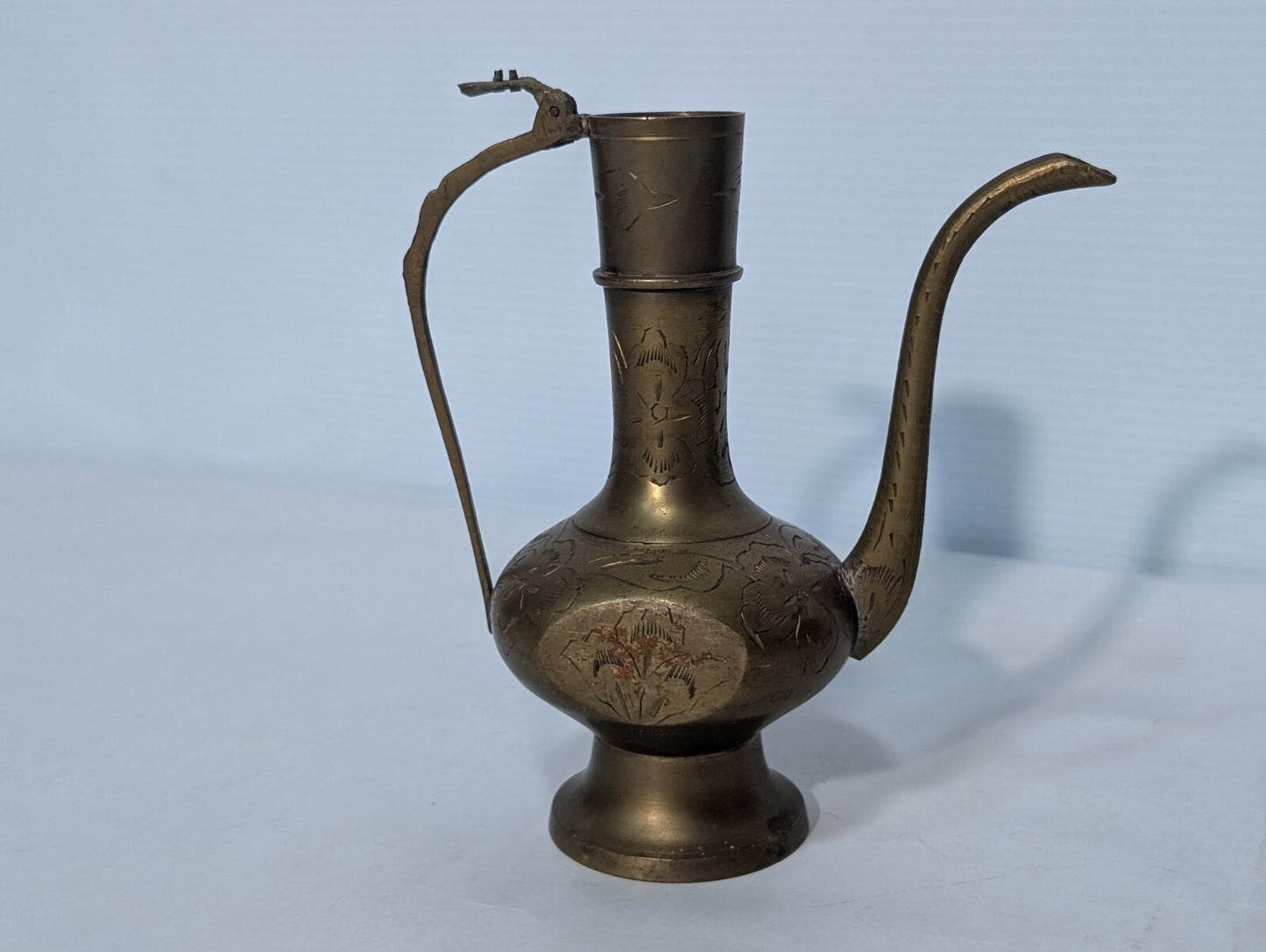Vintage Moorish Brass Etched Indian Aftaba Ewer Water Pitcher 6.5" Tall