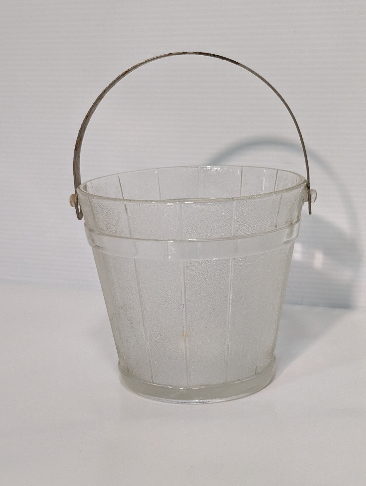 Vintage Mid Century Clear Glass Barrel Ice Bucket Hammered Gold Handle