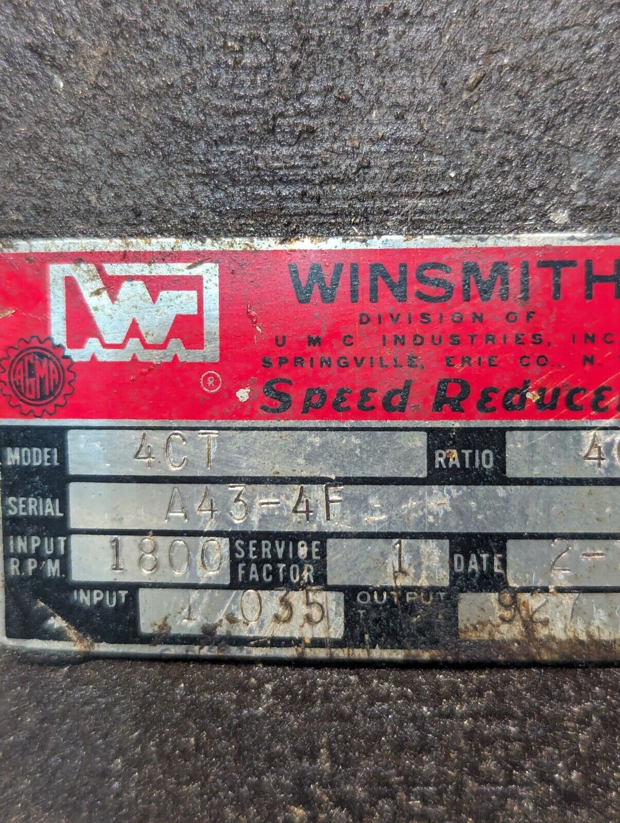 Winsmith 4CT Gear Reducer / Speed Reducer, Ratio 40:1, Input RPM 1800