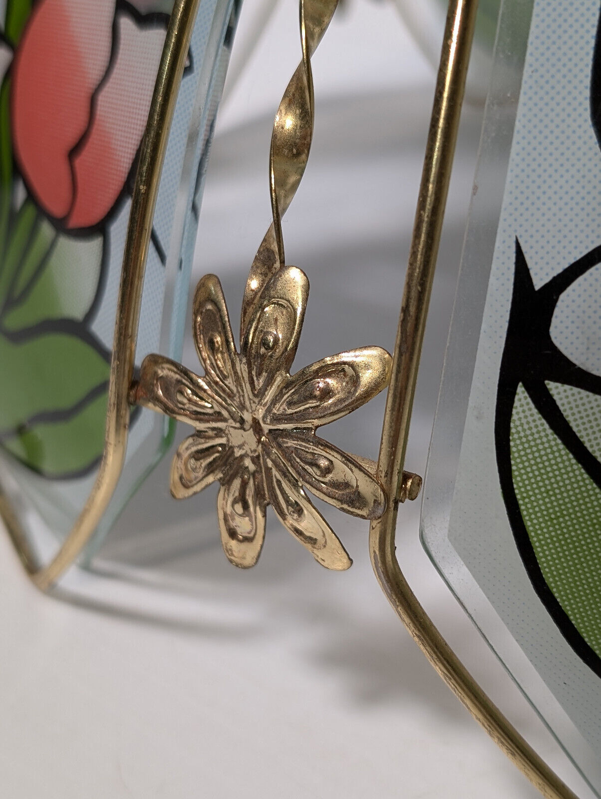 Vintage 80's Tiffany Style Tulip Glass, Brass Lamp Shade Sky Blue, Pink, Green