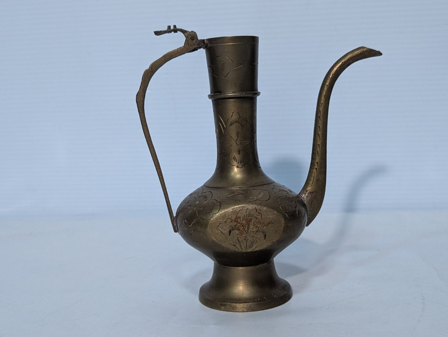 Vintage Moorish Brass Etched Indian Aftaba Ewer Water Pitcher 6.5" Tall