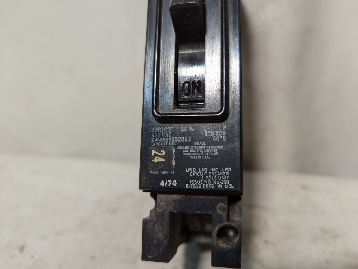 Lot of 5 Westinghouse EHB1020 circuit breakers, 20A, 277VAC, 125VDC, 1 pole